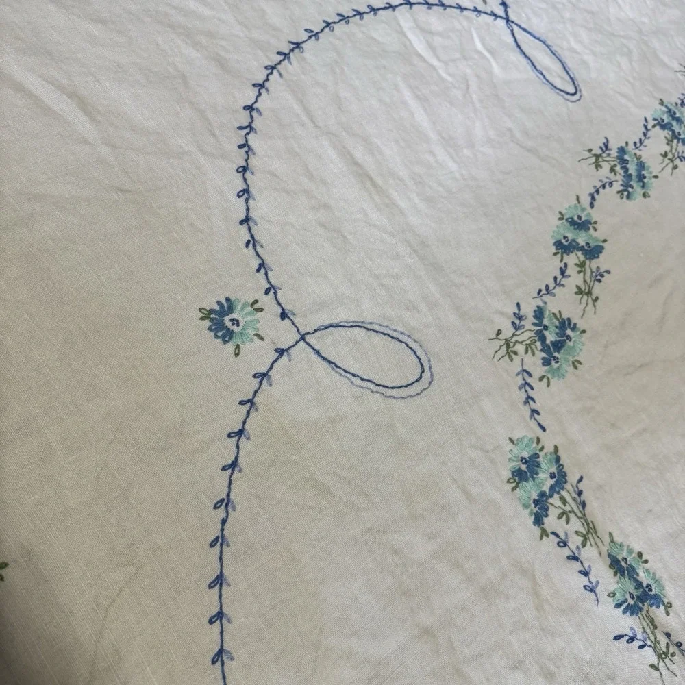 Blue Flower Hand Embroidered Rectangle Table Cloth 48